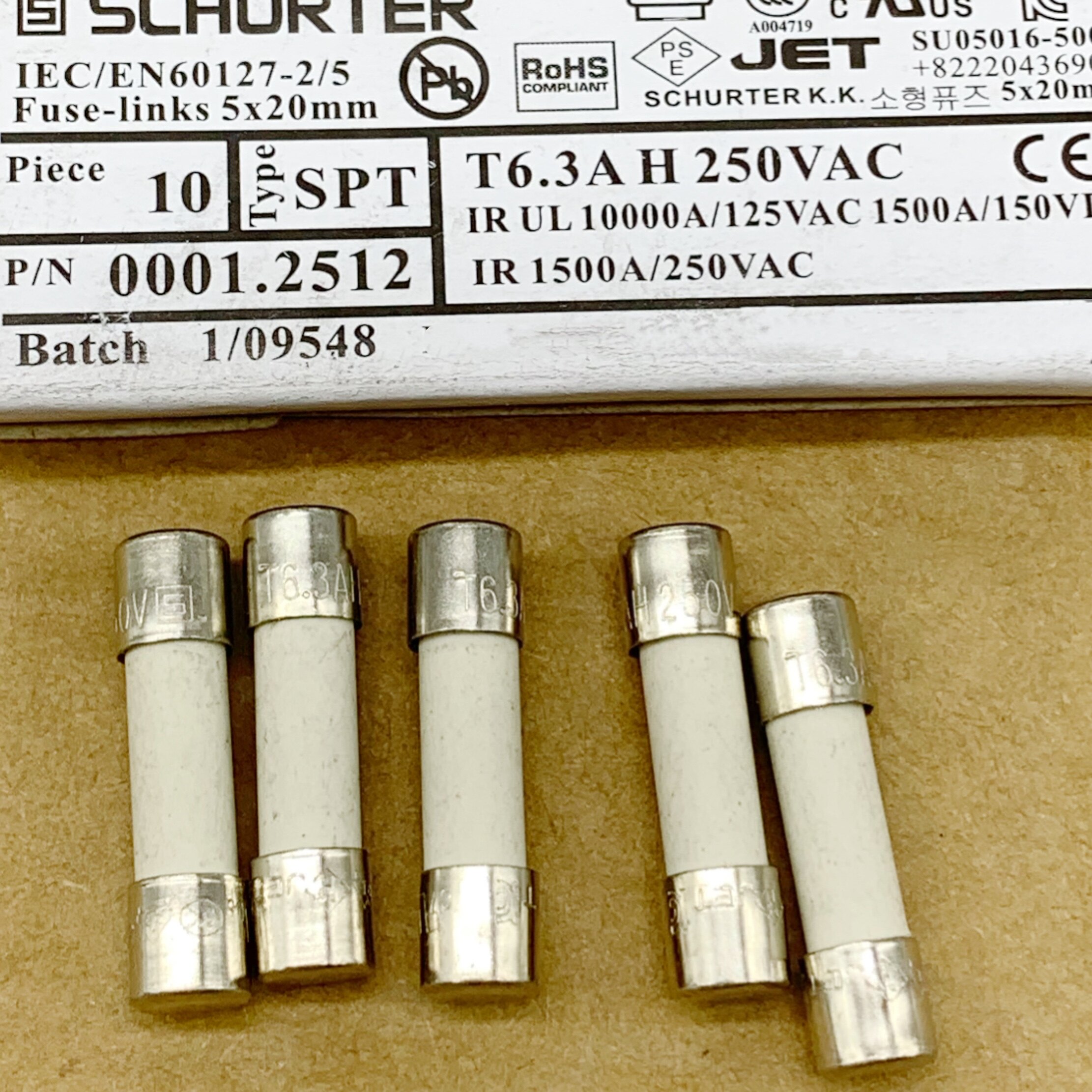 Schurter T6.3A 250V Fuse, P/N 0001.2512, 5×20mm Ceramic Slow-Blow Fuse, T6.3AH 250V Schurter T6.3A 250V Fuse, P/N 0001.2512, 5×20mm Ceramic Slow-Blow Fuse, T6.3AH 250V