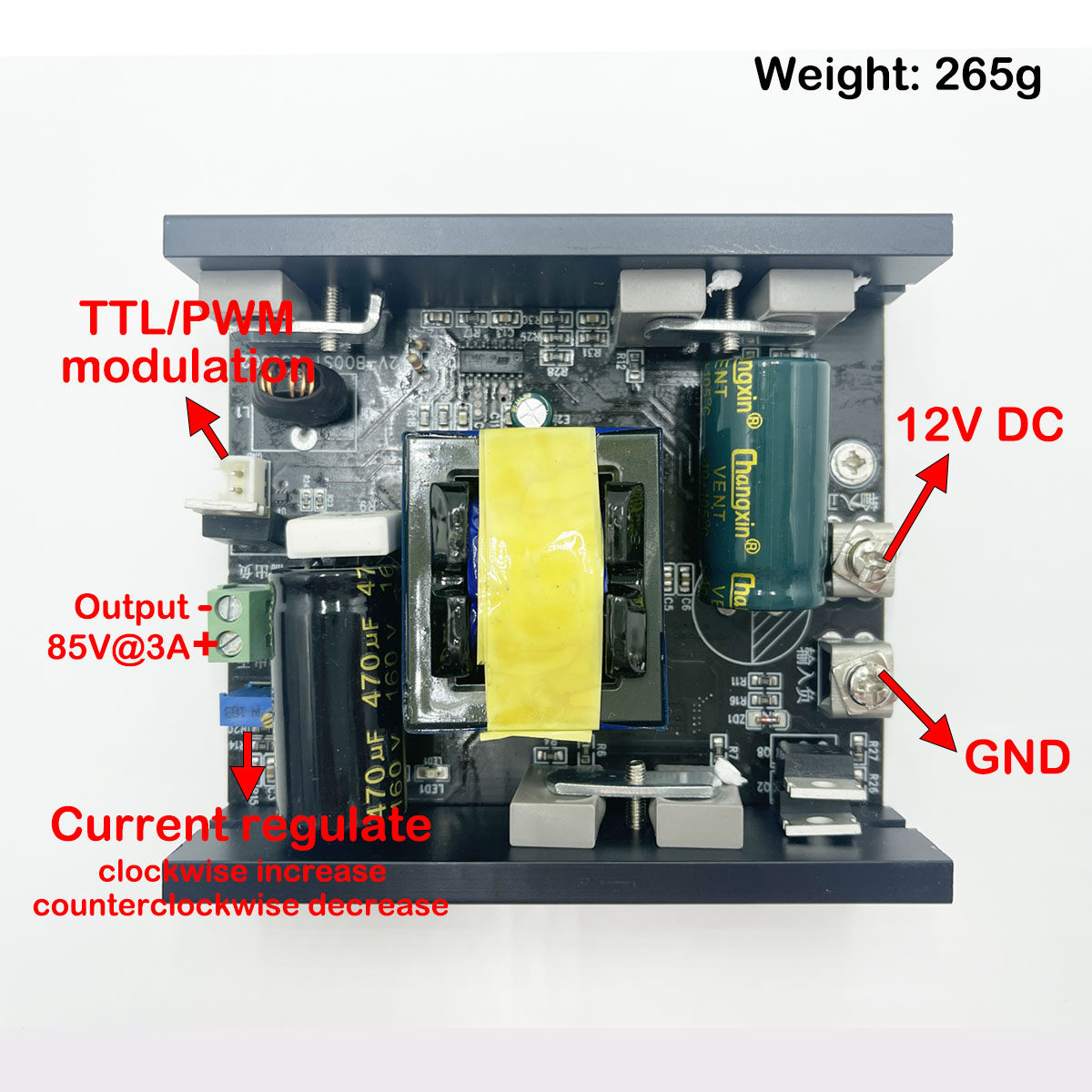12V Step-Up to 110V 2.3A Output, CC/CV Driver Board for Nichia High-Power Blue Laser Modules 12V Step-Up to 110V 2.3A Output, CC/CV Driver Board for Nichia High-Power Blue Laser Modules
